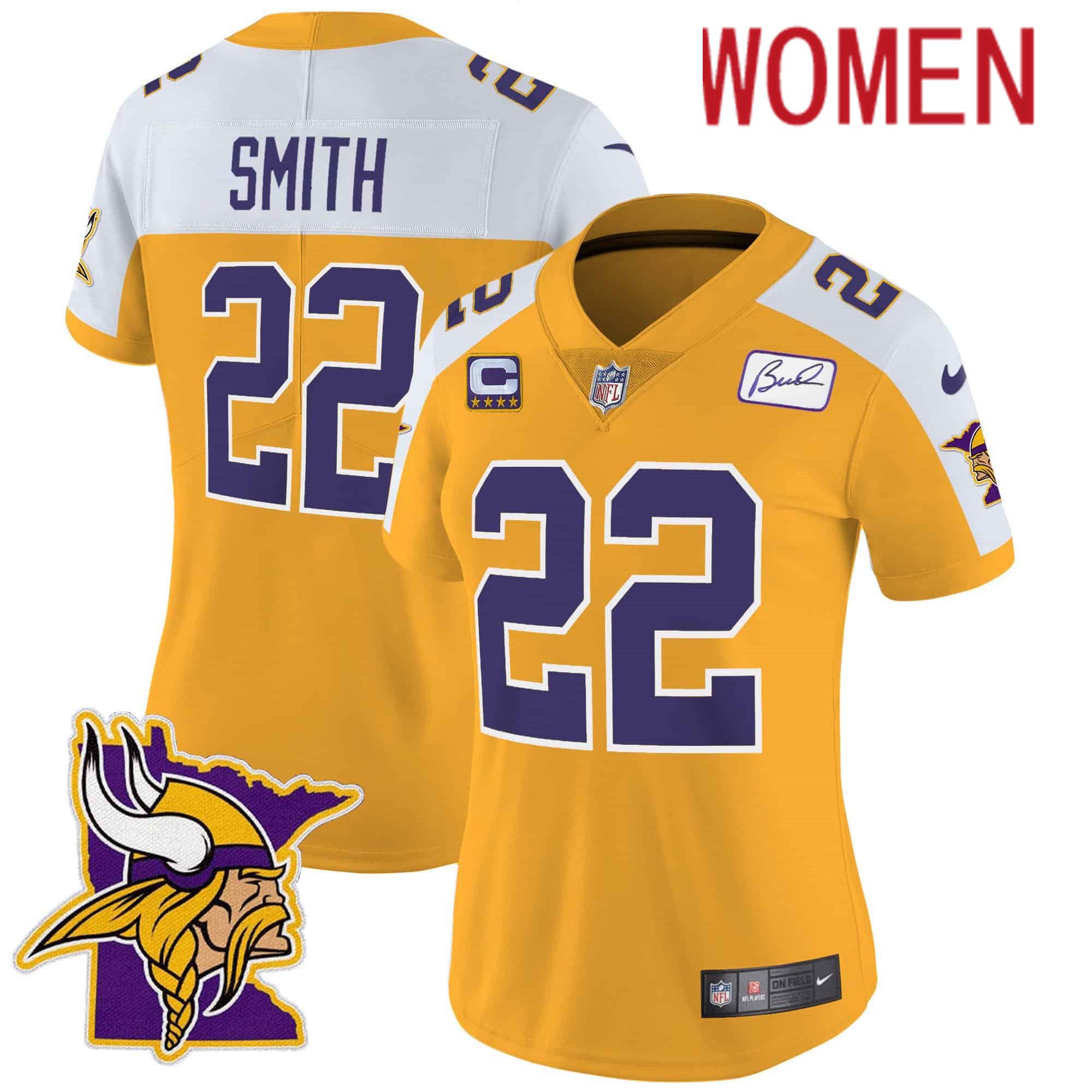 Women Minnesota Vikings #22 Smith Yellow 2024 Nike Patch Classic Limited NFL Jersey